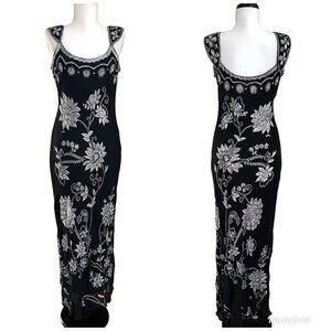 Adrianna Papell Y2K Silk Beaded Maxi Dress Black Floral Embroidery 0/XS